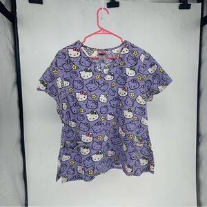 Vintage Hello Kitty Sanrio Scrub Top Purple Floral Print 100% Cotton Size Large